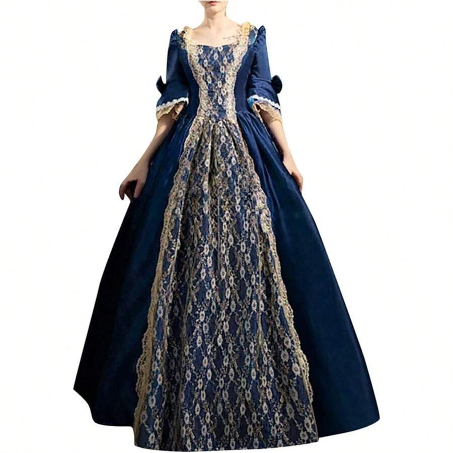 Vestido largo con cuello cuadrado para mujer 2023 de malla 3/4 Dolman manga acampanada medieval gótico gótico - Qi23Azul Real Oscuro - Ver 1