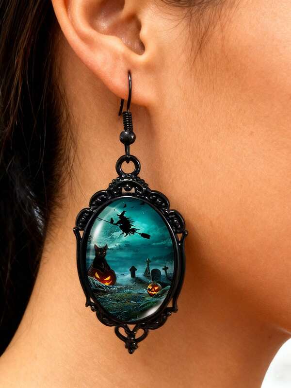 1 Pair Retro Punk Style Oval Lace Witch Black Cat Pumpkin Decor Black Dangle Earrings, Suitable For Women Halloween Party Wear, Halloween Gift For Friends