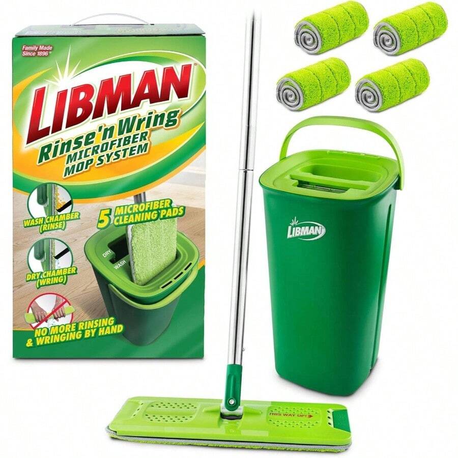 Rinse 'n Wring Mop And Bucket System Microfiber Floor Mop Hardwood Floor Cleaner Wet Dry Mop Clean Dirty Chambers Power Blades 4 Total Microfiber Pads - 5 miếng lót - Xem 1