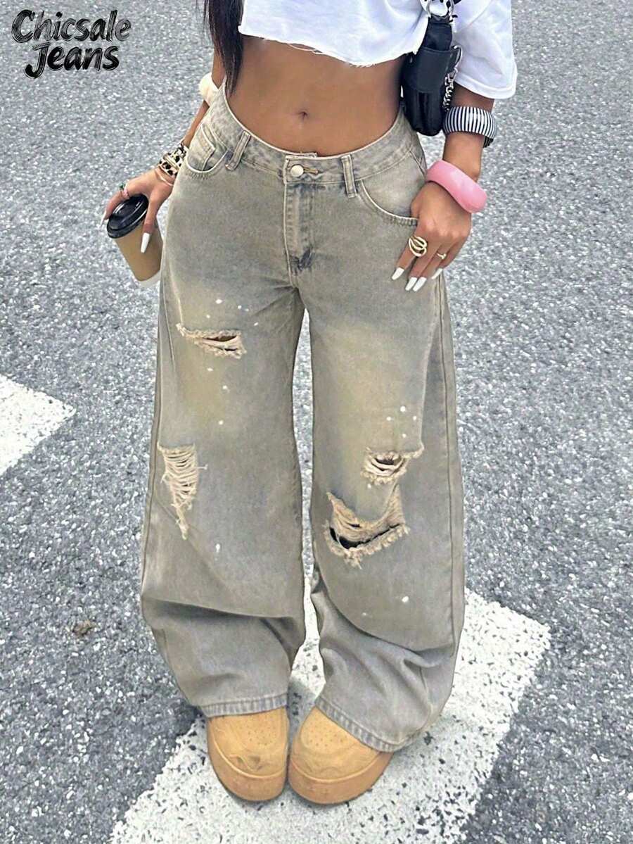 Vintage Street Style Distressed Splatter Print Straight Leg Wide Leg Pants - Mid Rise Non-Stretch Women's Trousers - Màu sắc hoài niệm - Xem 1