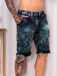 Men's Ripped Bermuda Jeans Summer Fashion 100% Premium Spring And Summer Line - Lavagem Preto 6 - View 2