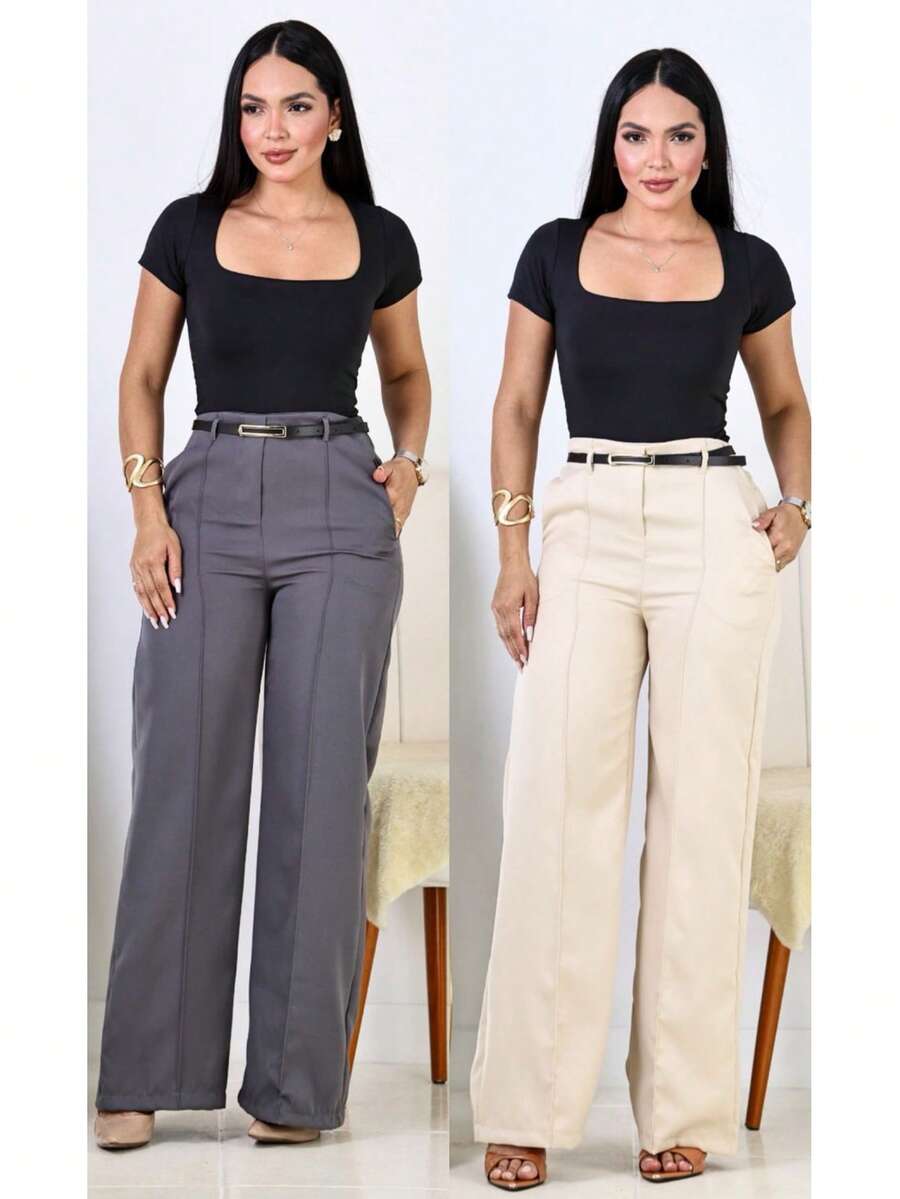 Kit 2 Women's Tailored Wide Leg Pants + 2 Free Belts - Gray / Beige - View 1