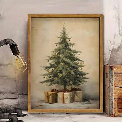 1 pieza Impresión en lienzo de árbol de Navidad vintage, estilo art decó, arte de pared interior, orientación de retrato clásica, decoración para el hogar, oficina, dormitorio, sala de estar, decoración navideña, arte de pared en lienzo, pósteres para habitación, decoración del hogar, decoración de la habitación estética, artículos de decoración de la habitación. Marco opcional, decoración de la habitación.