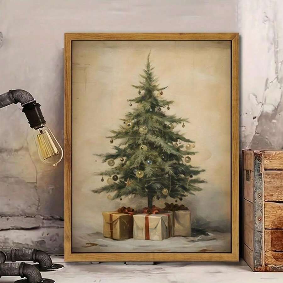 1pc Vintage Christmas Tree Canvas Print ,Art Deco Style, Indoor Wall Art, Classic Portrait Orientation,Home Office, Bedroom, Living Room Decor, Christmas Decoration,Canvas Wall Art,Posters For Room,Home Decor,Room Decor Aesthetic,Room Decoration Stuff.Optional Frame, Room Decor.