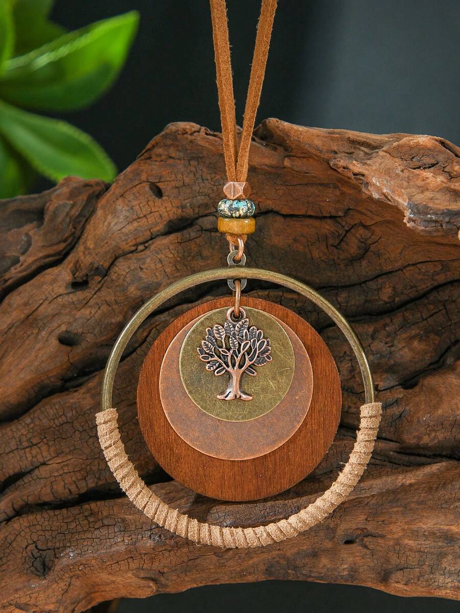 TopHanqi 1pc Women's Vintage Bohemian Personalized Pendant Necklace, Geometric Personalized Big Circle Life Tree Multi-Layer Design Sweater Chain, Suitable For Daily Wear, Party, Commuting, Versatile