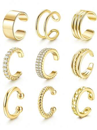 Set de 9 piezas de abrazaderas de oreja de cristal geométricas de metal minimalistas, adecuadas para unisex, vacaciones, citas, fiestas, uso diario, regalo del Día de San Valentín para amigos y mamá