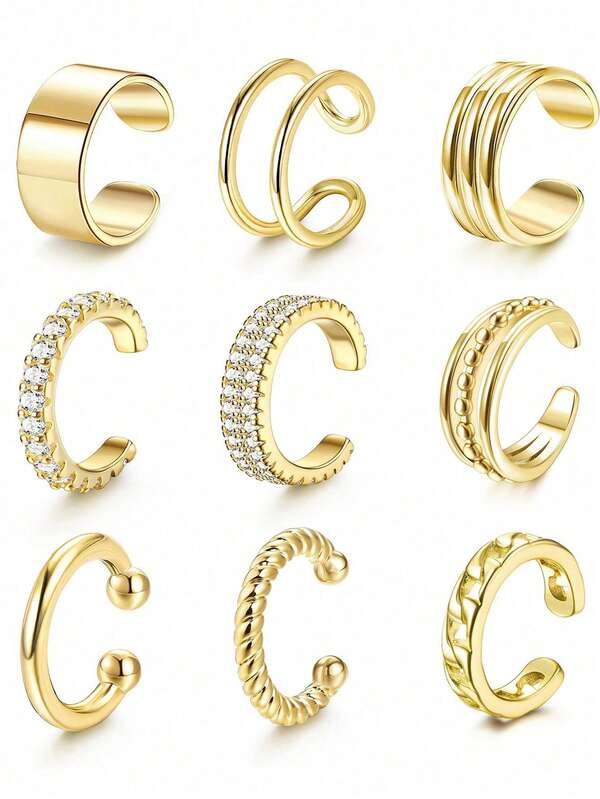 9pcs/Set Minimalist Metal Geometric Crystal Ear Cuffs, Unisex Suitable For Vacation, Date, Party, Daily Wear, Valentine's Day Gift For Friends And Mom