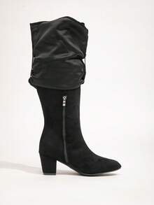 Women's Fashion Wide Width Faux Leather Tall Boots, Folding Shaft, Chunky Heel, Sexy Outdoor Knee-High Boots, Wide Leg Heels - Black Cloth Belt - View 7