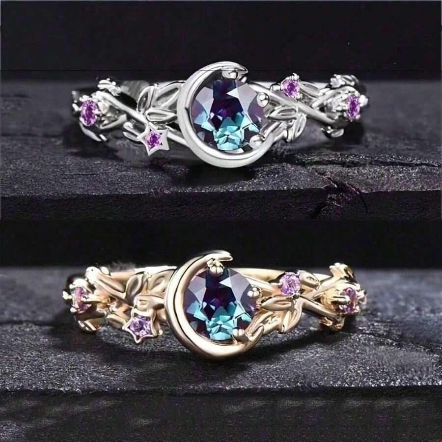 Dual-Tone Moon Flower Ring For Women - Silvery Golden Hollow Band With Zirconia, Celestial Boho Wedding & Party Fashion Jewelry - Golden - View 1
