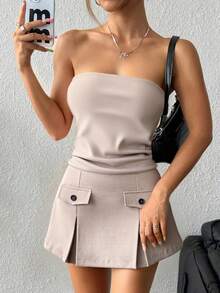 ARA CHIC Women's Beige Faux Pocket Two Pieces Vacation Dress - Sexy Strapless A-Line Dress, Suitable For Birthday Outfit - Khaki - View 5