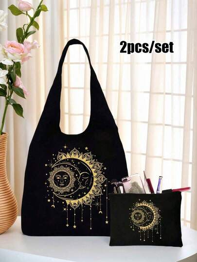 Nowe modele płóciennych torebek na ramię z nadrukiem słońca, księżyca i gwiazd, czarna torba z nadrukiem i mała czarna torebka, wygodna kosmetyczka w tym samym stylu, kosmetyczka i kopertówka, prezenty na walentynki