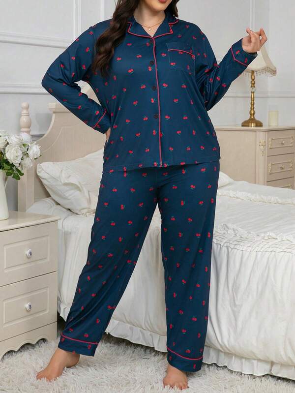 Conjunto de pijama feminino plus size com estampa de cereja, lapela e botão, manga comprida, casual e confortável para usar em casa, primavera/outono