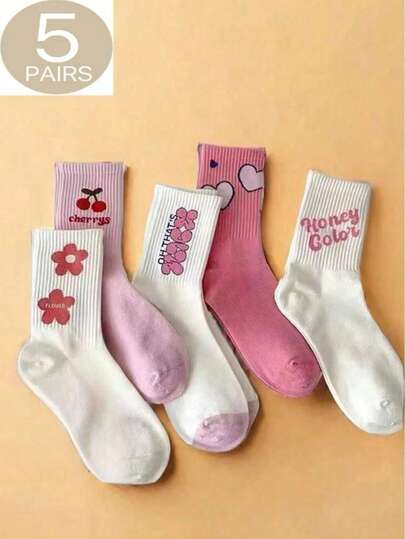 5pairs Random Pink Heart Women Crew Socks, Cute Sweet Girl Style Socks For Spring & Summer