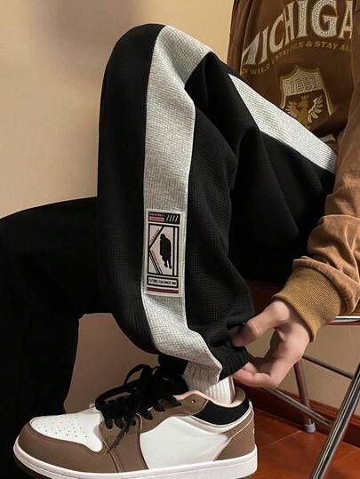 秋冬季男友风华夫格休闲裤男士保暖内衬新款紧身裤运动裤抽绳宽松男友风运动裤