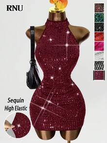 RNU Đầm ôm sát gợi cảm, hở lưng, màu đỏ tía đính sequin, co giãn, thích hợp cho hẹn hò, tiệc hóa trang, hộp đêm, dạo phố, ngày Valentine, sinh nhật năm mới, mùa xuân/hè/thu/đông. - Màu Đỏ Sâu - Xem 1