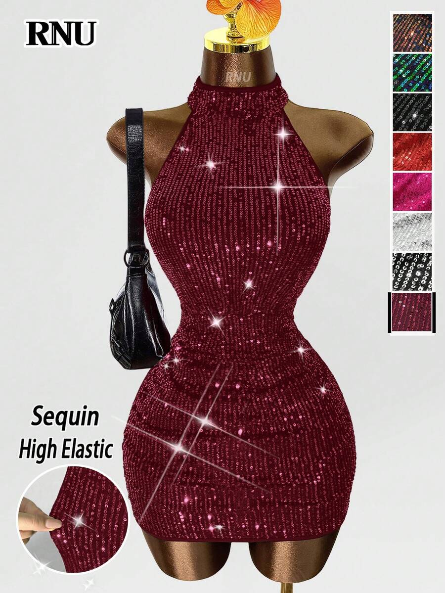 RNU Đầm ôm sát gợi cảm, hở lưng, màu đỏ tía đính sequin, co giãn, thích hợp cho hẹn hò, tiệc hóa trang, hộp đêm, dạo phố, ngày Valentine, sinh nhật năm mới, mùa xuân/hè/thu/đông. - Màu Đỏ Sâu - Xem 1