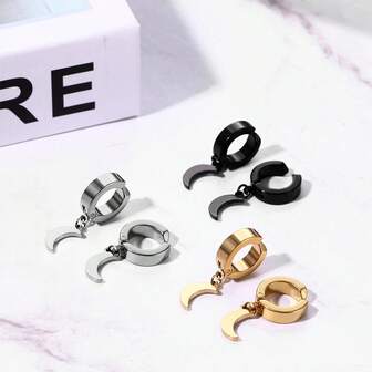 一对时尚月亮元素不锈钢耳环，男女皆宜，多种颜色可选，适合日常佩戴或参加派对，也可作为礼物送给朋友。