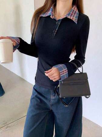 女士休闲格子领长袖T恤，涤纶材质，常规版型，中等弹力，日常穿着