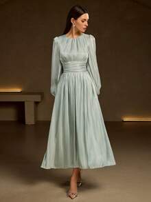 Vestido feminino verde oliva com manga comprida, cintura plissada e brilhante, corte A, elegante e versátil - Verde cinza - Ver 4