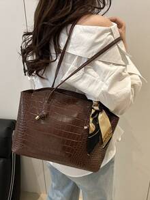 Fashionable Retro Crocodile Grain Scarf Decor Shoulder Tote Bag, Suitable For Women's Work Commute, Travel, Shopping - Coffee - View 5