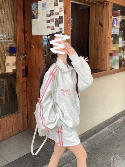 2025秋 新作 レディース スウェット 春の  カーディガン 刺繍 ジップアップ アウター 早秋 おしゃれ スウェット トップス ストレッチ 素材 動きやすい スウェット リボン＆ストライプ デザイン スウェット 20代 ストリート  スウェット プラスサイズ 女性 ゆったり カーディガンポロカラー ジップアップ スウェット