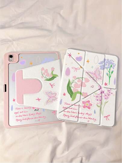 1 Piece, Pink Flower Pattern Double-Sided Printed Tablet Case, Transparent Anti-Bend Acrylic Back Cover, Suitable For IPad 10/9/11th 2025, Supports Automatic Wake/Sleep, Multi-Angle Support, With Pen Slot, An Essential Protective Case Accessory For Office And Study, Non-Magnetic Protective Case.