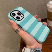 Una funda elegante para teléfono no incluye un cordón ni un soporte. Funda para teléfono con diseño elegante a rayas azul-verde para 16 Pro, 15 Pro, 13, 11, 12, XS, 8 Plus y, funda brillante 2 en 1. - 1 - Ver 3