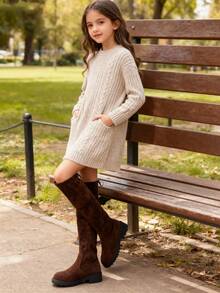 A Pair Of Stylish Over-The-Knee Boots For Girls, Including Black Boots For Girls And Brown Knee-High Boots For Teens. Suitable For Children's Daily Shopping Wear In Autumn And Winter.Parent-Child Outfit