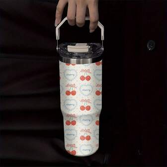 1 pieza Taza aislada de acero inoxidable de 30 onzas, fácil de llevar, múltiples formas de beber agua, se puede usar en múltiples escenarios, corazón azul y cereza roja, diseño sencillo, una buena opción para uso personal o como regalo, Navidad, cumpleaños y otros regalos festivos, lavar a mano solamente.