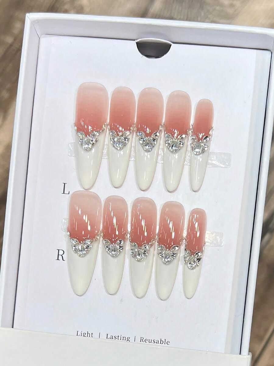 10pcs Ombre Glitter Nail Stickers, Nude & White French Manicure Nail Wraps With Rhinestones, Oval Pointed False Nails, Suitable For Wedding, Valentine's Day, Party And Daily Wear, Includes Gel Glue And Nail File, DIY Nail Art Supplies Handmade Press On Nails - Baby Pink - View 1