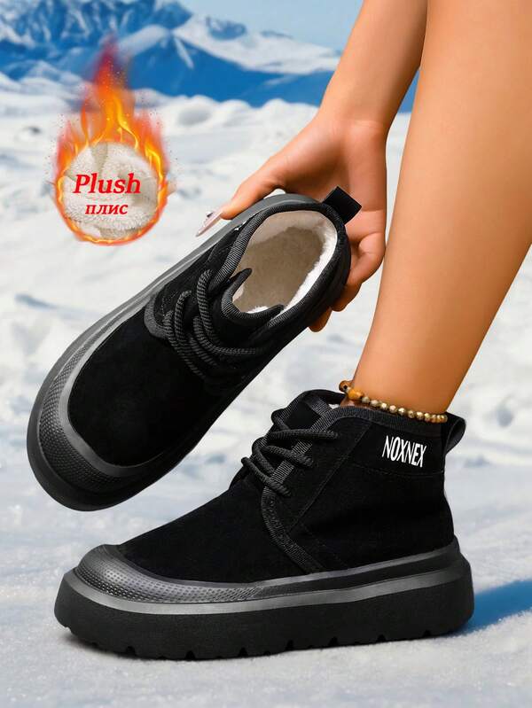 Women's Winter Snow Boots Fashion Thickened Thermal Lined Boots Women,Round Toe Leather Thick Soles Slip-On Non-Slip Wear-Resistant Waterproof Boots For Women, Lightweight Warm Platform Boots Outdoor Ankle Boots Short Boots Plus Size Black Boots Shoes Women