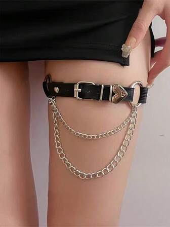 1件朋克哥特风PU皮革不对称心形链条弹力腿环腿带腿链