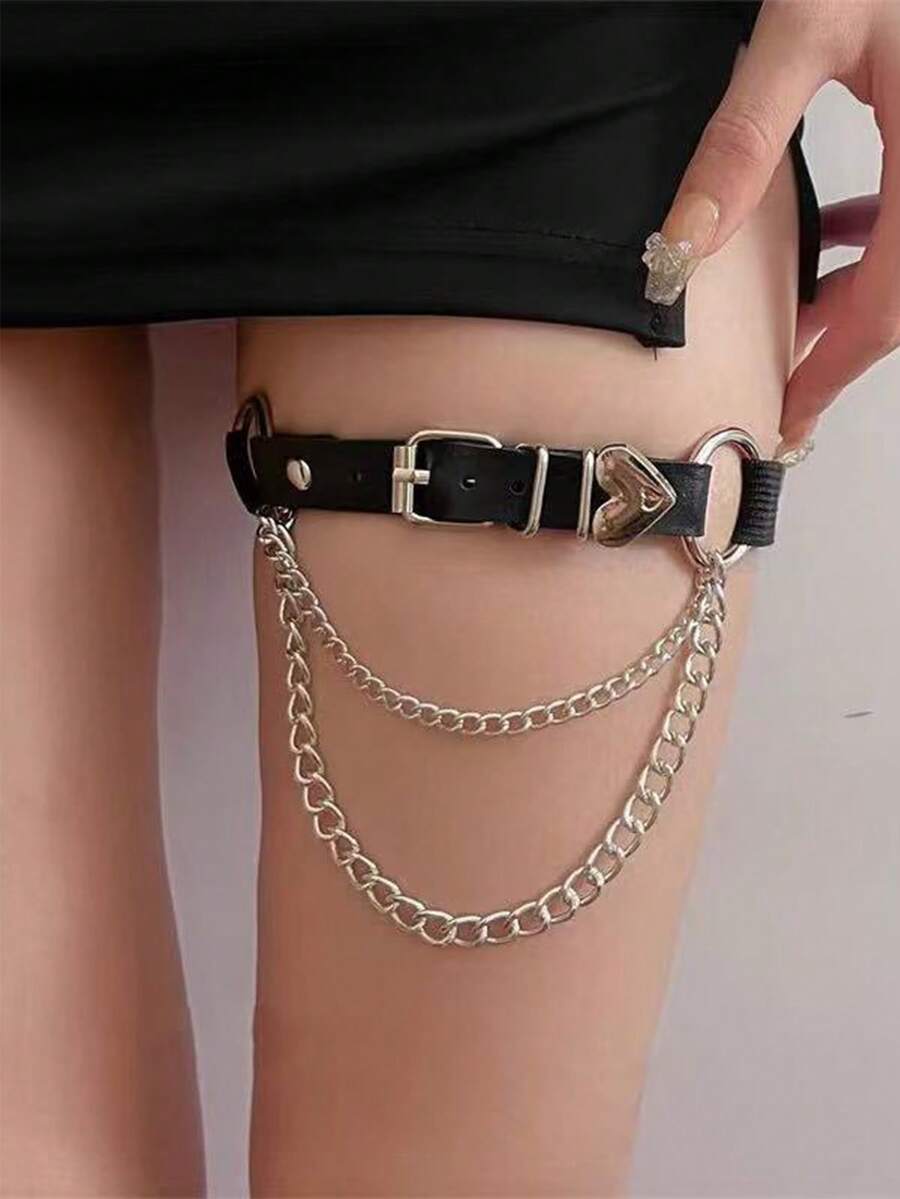 1件朋克哥特风PU皮革不对称心形链条弹力腿环腿带腿链