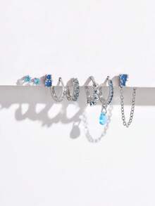 1 Set de 7 piezas de Aretes y Pendientes con Piedras de Zirconia Azul para Mujeres, Adecuado para Fiesta, Vacaciones, Cita o Boda - Plateado - Ver 2