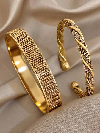 18K Gold Plated Stainless Steel Luxury Elegant Woven & Twist Bangle Bracelet Set For Women, Vintage Winter Jewelry Mom Gift Christmas Thanksgiving Halloween Wedding Rave/Prom/Party/Daily Accessories Gift For Anniversary Valentine's Day Boho Jewelry Birthday Bridesmaid Gifts