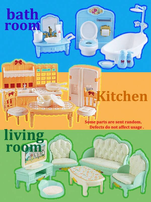 28pcs Realistic Mini European Style Blue Bathroom, Green Living Room, Orange Kitchen Playset, Plastic Doll House Accessories, 1:12 Scale Miniature Furniture, Dollhouse Decor, Photography Props, Creative Home Decor, Girls Birthday/Holiday Gift