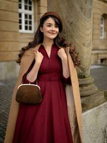 Đầm nữ cổ điển dáng vintage, thắt eo, cổ chữ V, cài cúc phía trước, thích hợp cho mùa xuân/hè. - Màu Đỏ Sâu - Xem 6