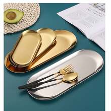 一套不锈钢餐盘，银色和金色椭圆形托盘，多用途家用和厨房收纳餐具，斋月款