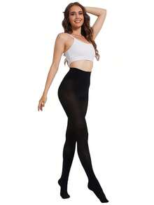 1 Pair Women's 80D Soft Solid Color Semi-Opaque High-Rise Leggings, Black Minimalist Solid Color Tights, Suitable For Daily Wear Christmas Gift - 黑色 - 查看 8