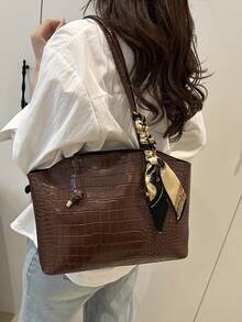 Fashionable Retro Crocodile Grain Scarf Decor Shoulder Tote Bag, Suitable For Women's Work Commute, Travel, Shopping - Coffee - View 4