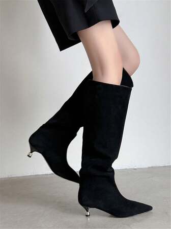 Damen Formelle Stiefel für Herbst/Winter, elegante Spitzschuh Slip-On Lässig Stiefel, erhältlich in Schwarz, Grau, Braun, schlanker Absatz Kniehohe Stiefel, Kitten Heel