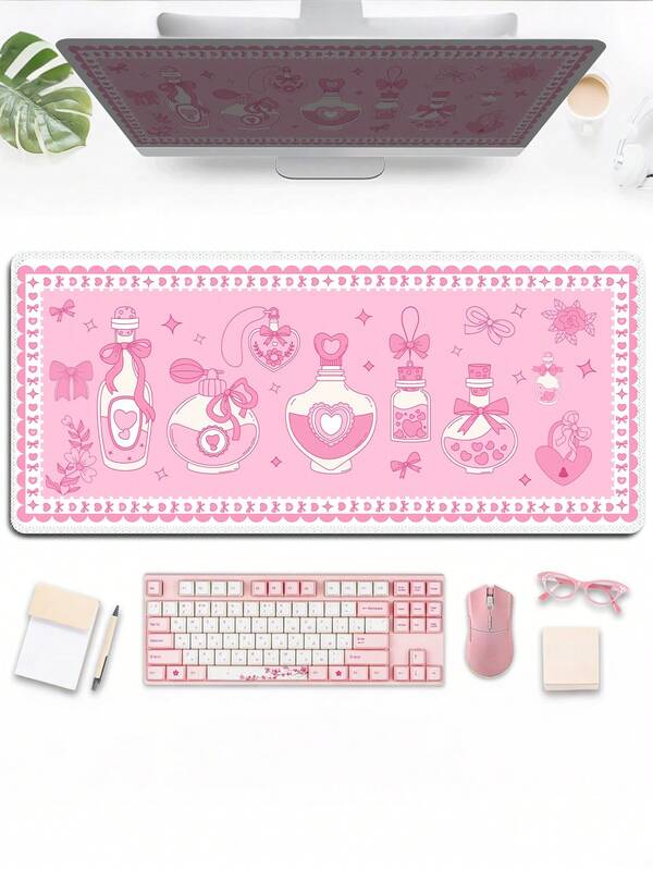 Alfombrilla de ratón, almohadilla de mesa, gran almohadilla de teclado para juegos, escritorio de oficina, portátil XXL, diseño lindo y estético de niña, hermoso diseño para damas y jugadoras, costura de borde súper ancha, alfombrilla de ratón de goma rosa