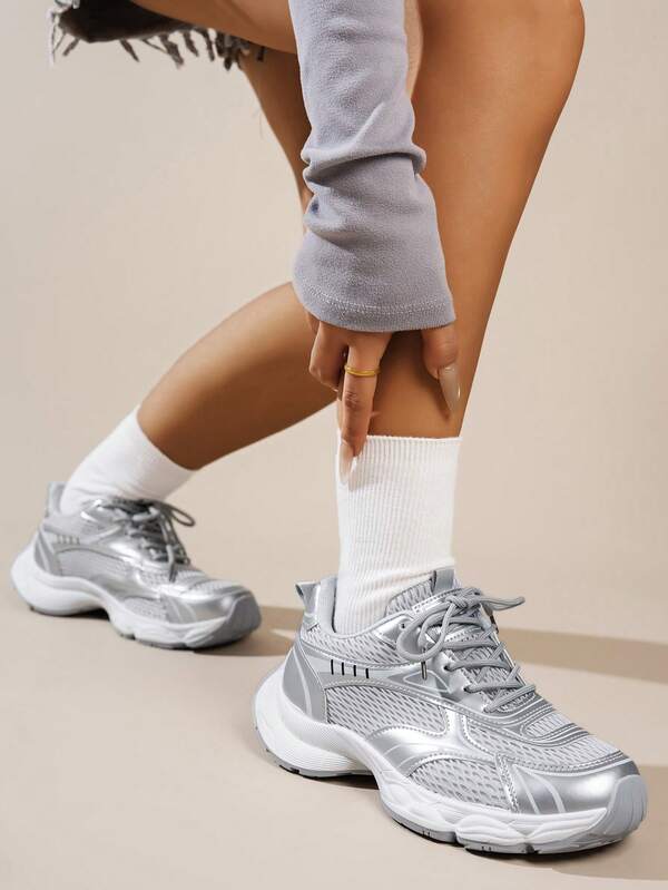1 Pair Women's Round Toe Lace-Up Casual Sports Shoes, Silver Sequin PU Material, Standard Size, Outdoor/Casual Wear, Solid Color Fashion Chunky Sneakers