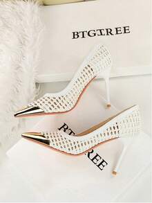 优雅的法式尖头镂空编织细高跟鞋，百搭女士派对鞋 - 白色 - 查看 5