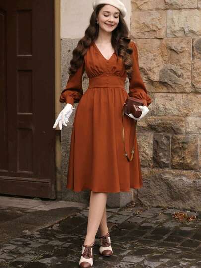 Women's Vintage Elegant V-Neck Waist Cinched Long Sleeve Dress, Autumn/Winter