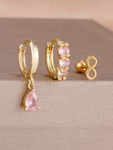 3PCS Fashion Luxury Green/ Pink/Purple Cubic Zirconia CZ Hoop Earrings Set For Women Newly Designed Bridal Wedding Gift Party Jewelry Earring - 3 Pcs for One Ear - View 4