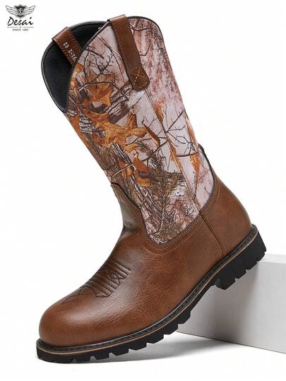 DESAI Stivali alti da uomo con fodera termica spessa, stivali da cowboy western, stivali da equitazione caldi, stivali alti ricamati, stivali Chelsea versatili con stampe alla moda, autunno/inverno