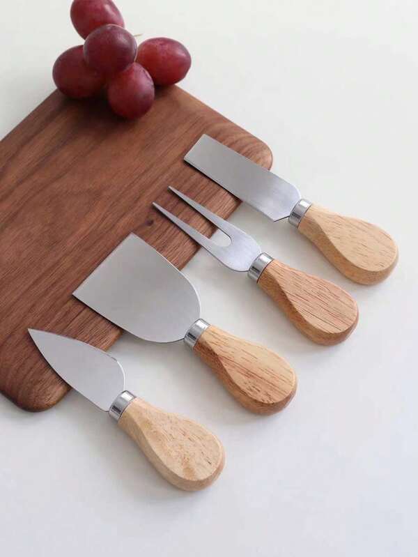 4pcs Stainless Steel Cheese Knife Set, Wooden Handle Butter Knife, Pizza Cutter, Cheese Slicer, Cheese Fork & Spatula, Baking Tools