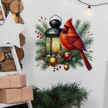 Calcomanía navideña de cardenal y farol para ventana - Pegatina de pared autoadhesiva con campanas, bayas rojas y piñas - Perfecta para decoración del hogar, ventana o pared - Regalo ideal para Navidad, decoración navideña