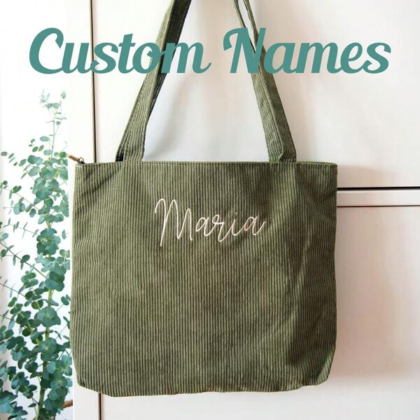 Personalized Minimalist Everyday Shoulder Tote Bag With With Zipper-Bridesmaid Gifts-Embroidered With Initials Custom Tote-Corduroy Tote, Personalized Embroidered Corduroy Tote - Bridesmaid Gift, Custom Name Tote Bag